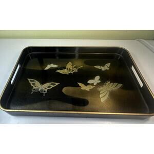 Butterfly Black and Gold Lacquer Ware Vintage Serving Tray w Handles Smithsonian